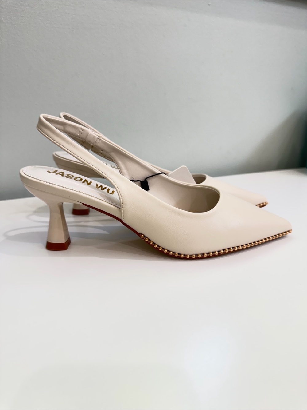 NWT Jason Wu Womens 6.5 Ivory Pointed-Toe Slingback Kitten Heels Gold Studded